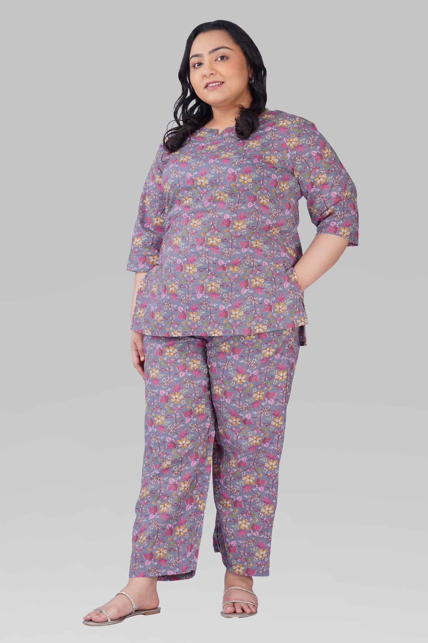 Grey Plus Size Cotton Printed Pyjama Set