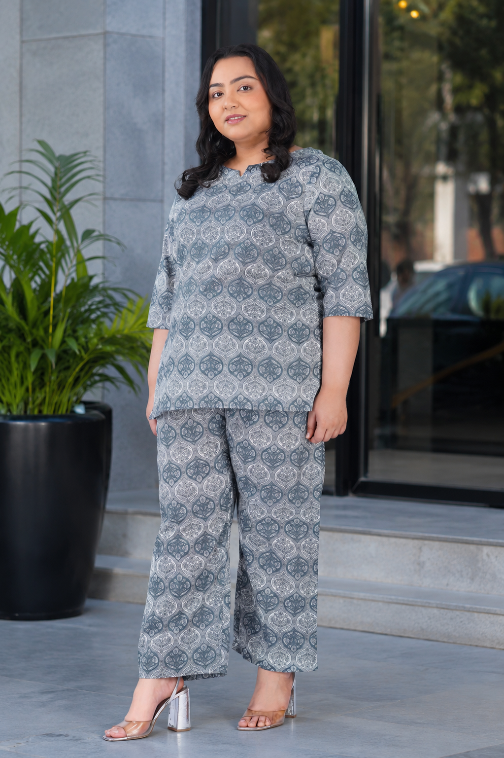 Grey Plus Size Cotton Printed Pyjama Set