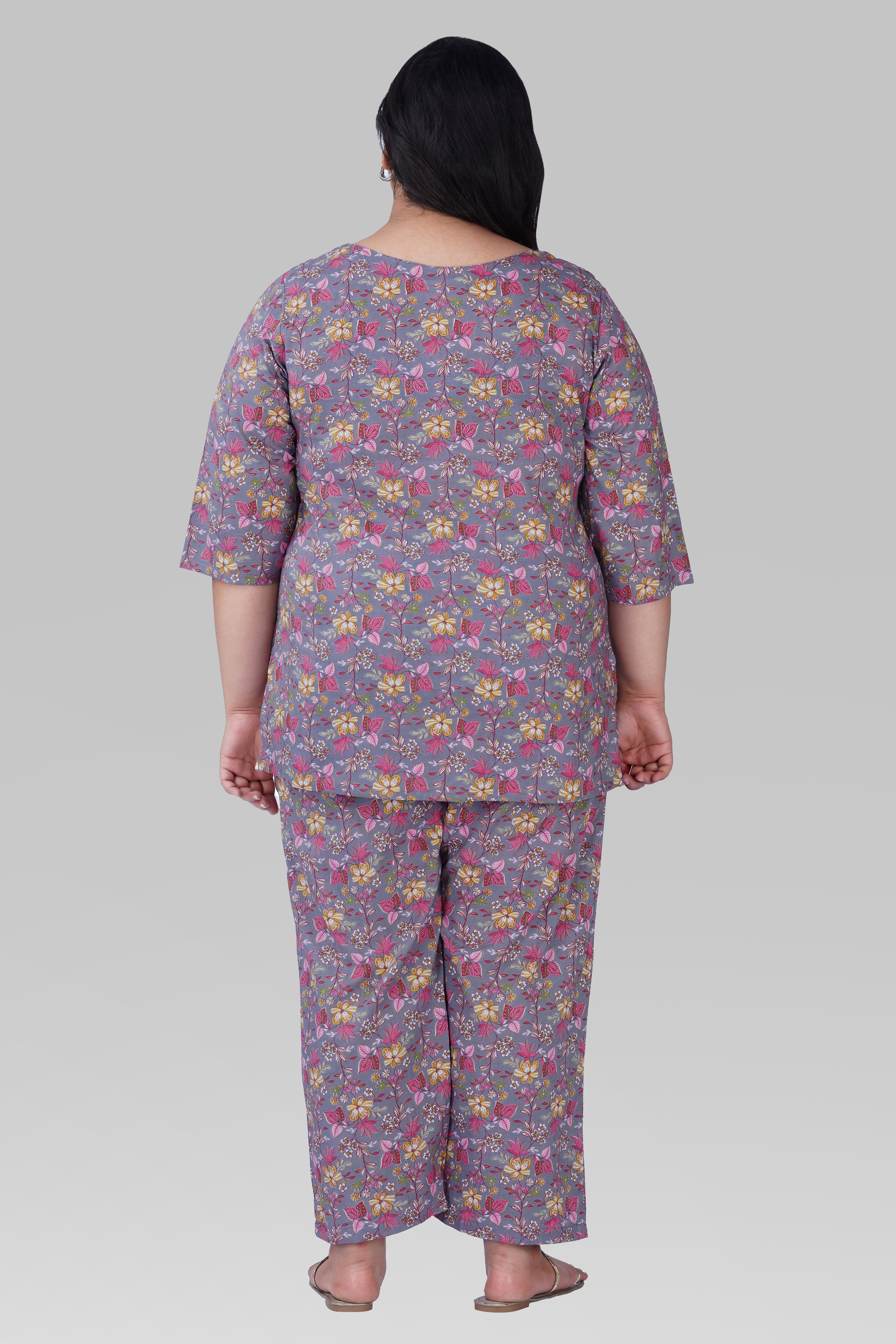 Grey Plus Size Cotton Printed Pyjama Set