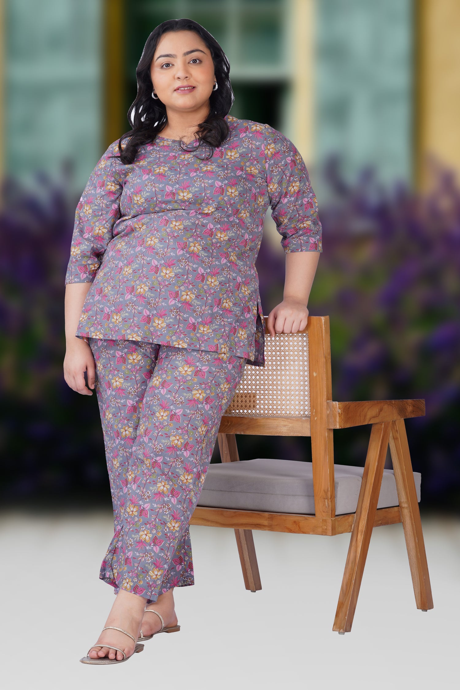 Grey Plus Size Cotton Printed Pyjama Set