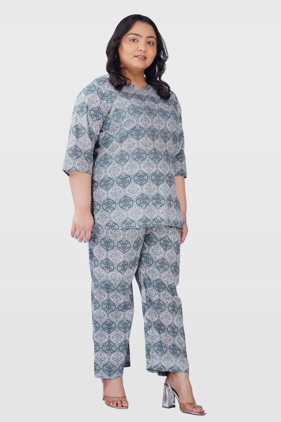 Grey Plus Size Cotton Printed Pyjama Set