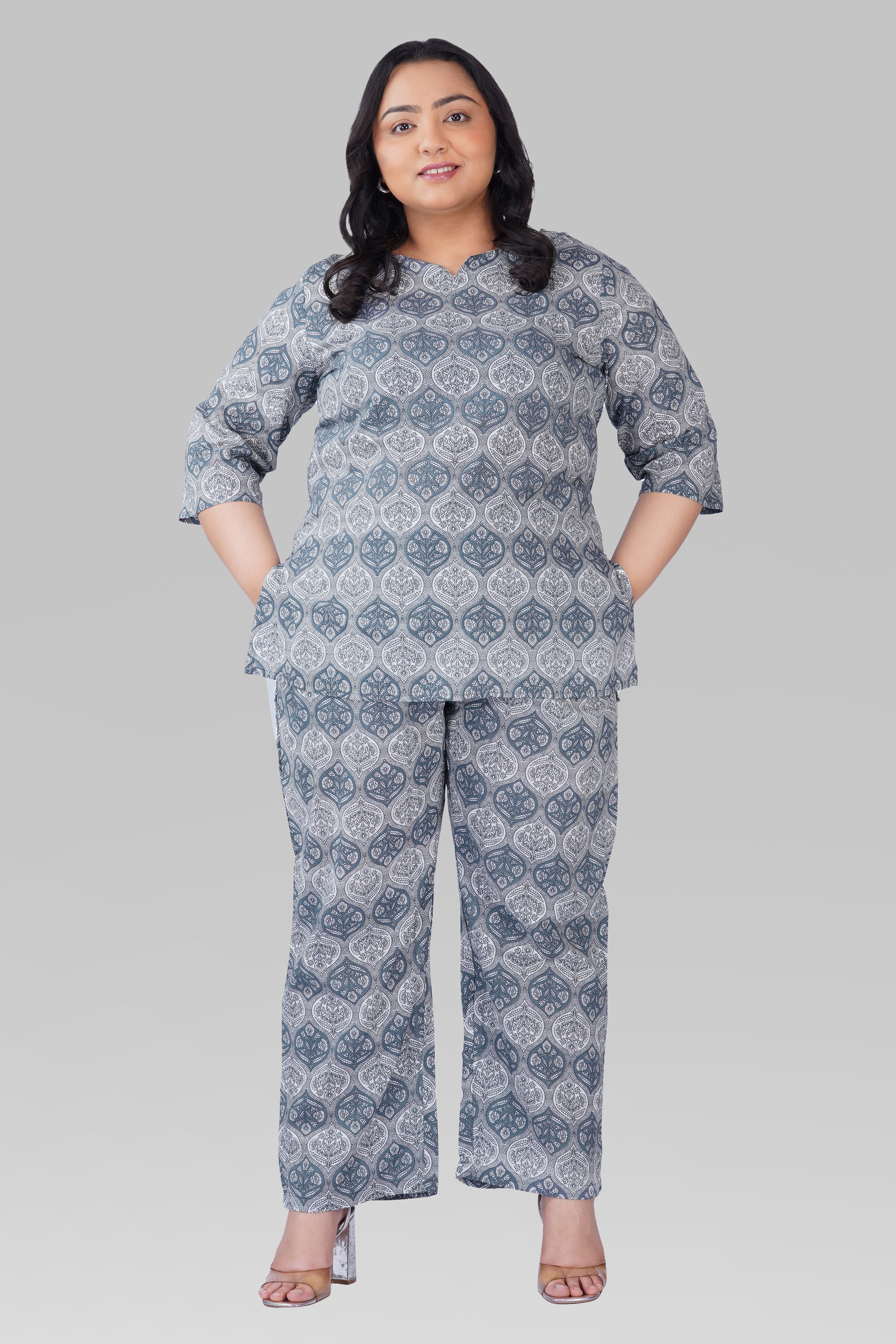 Grey Plus Size Cotton Printed Pyjama Set
