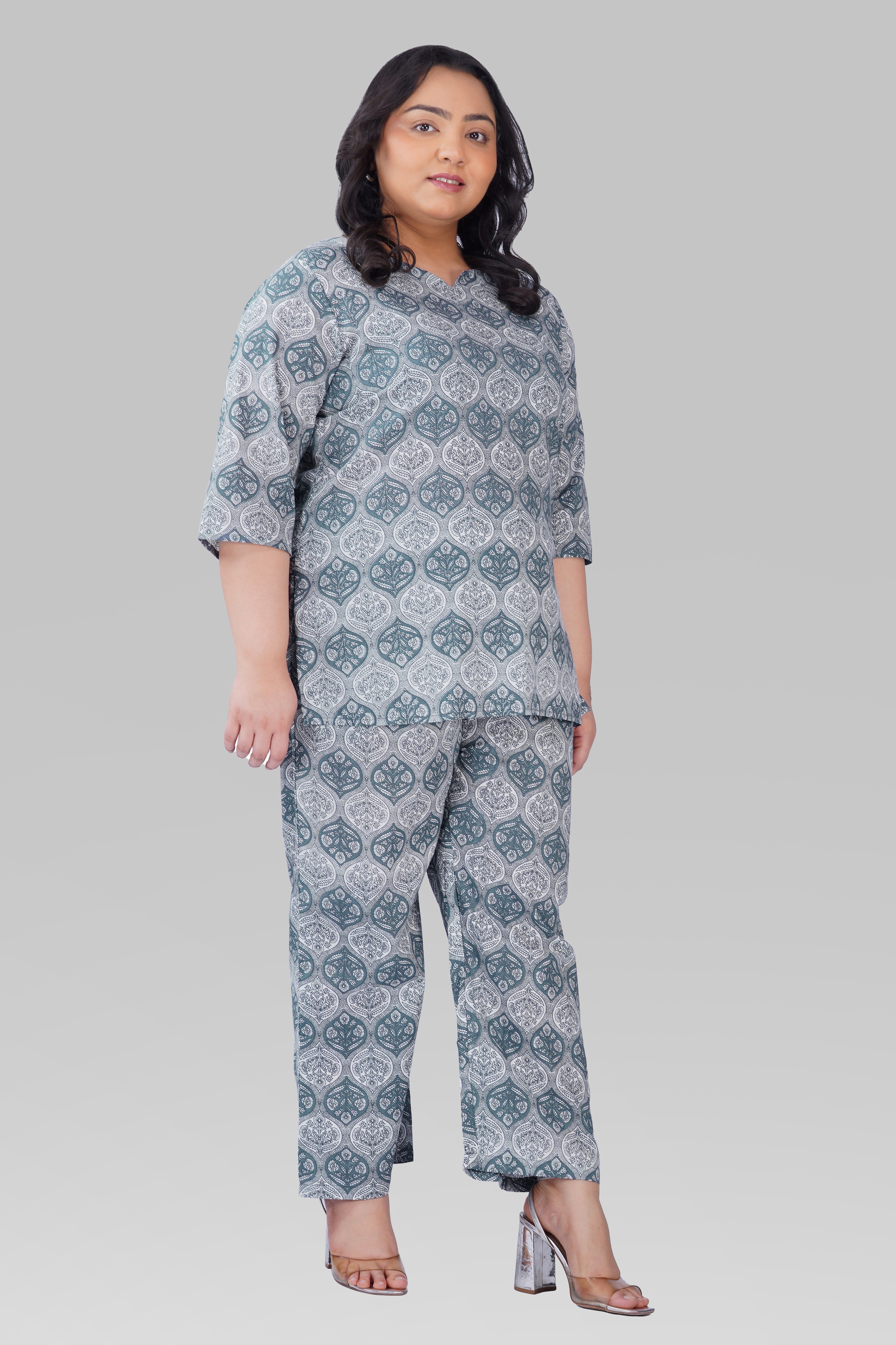 Grey Plus Size Cotton Printed Pyjama Set