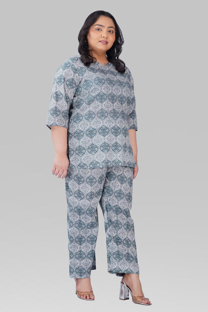 Grey Plus Size Cotton Printed Pyjama Set