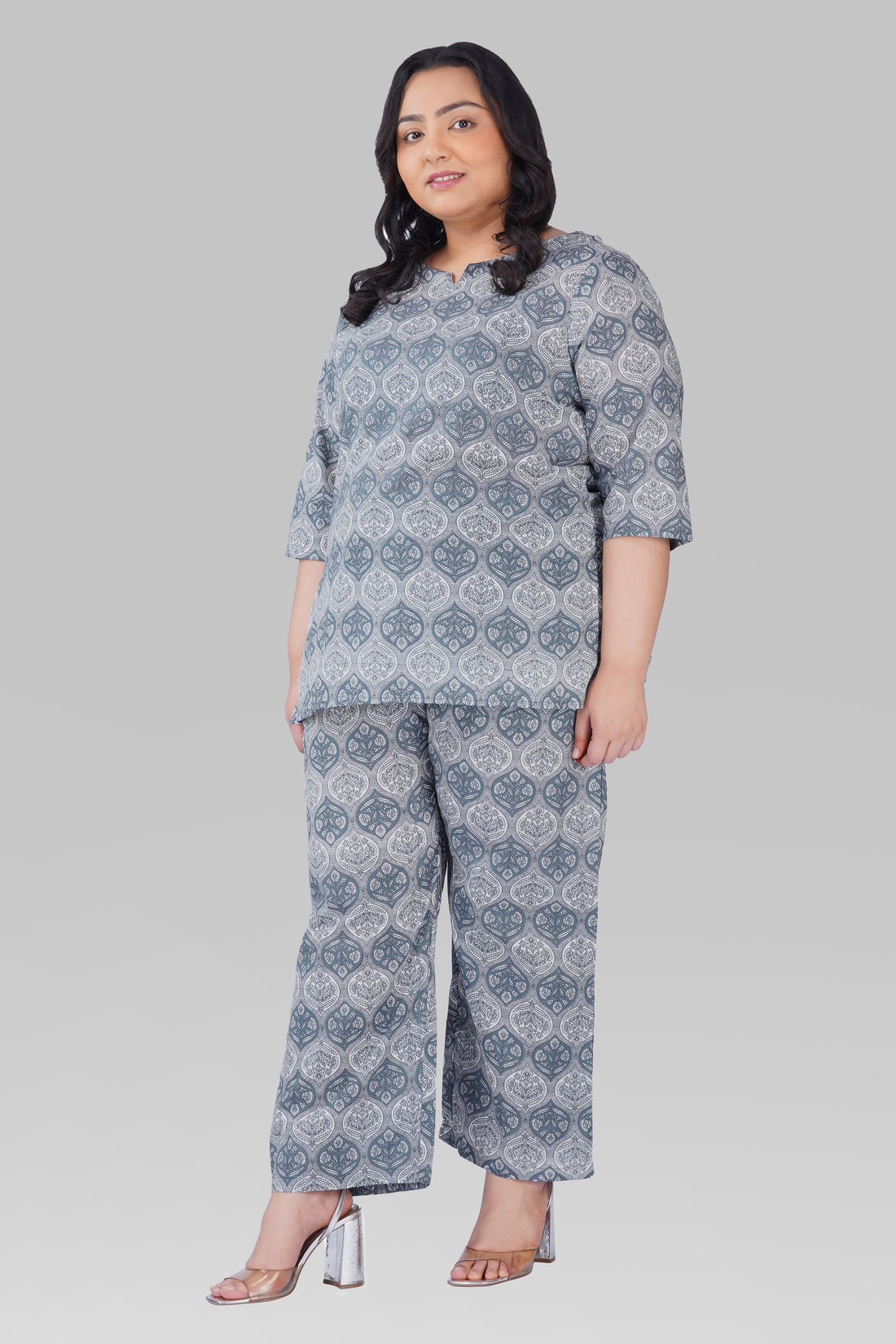 Grey Plus Size Cotton Printed Pyjama Set