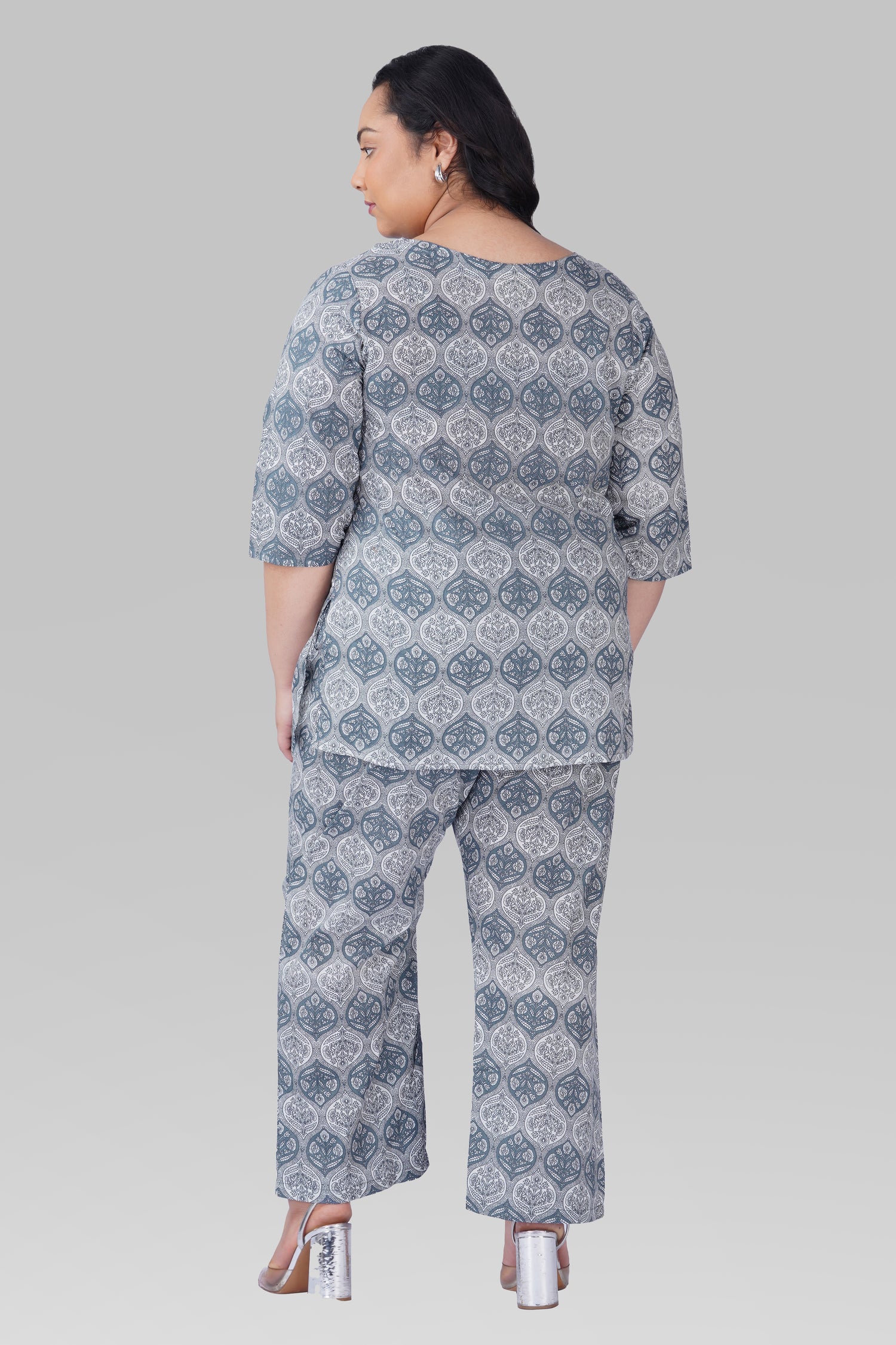 Grey Plus Size Cotton Printed Pyjama Set