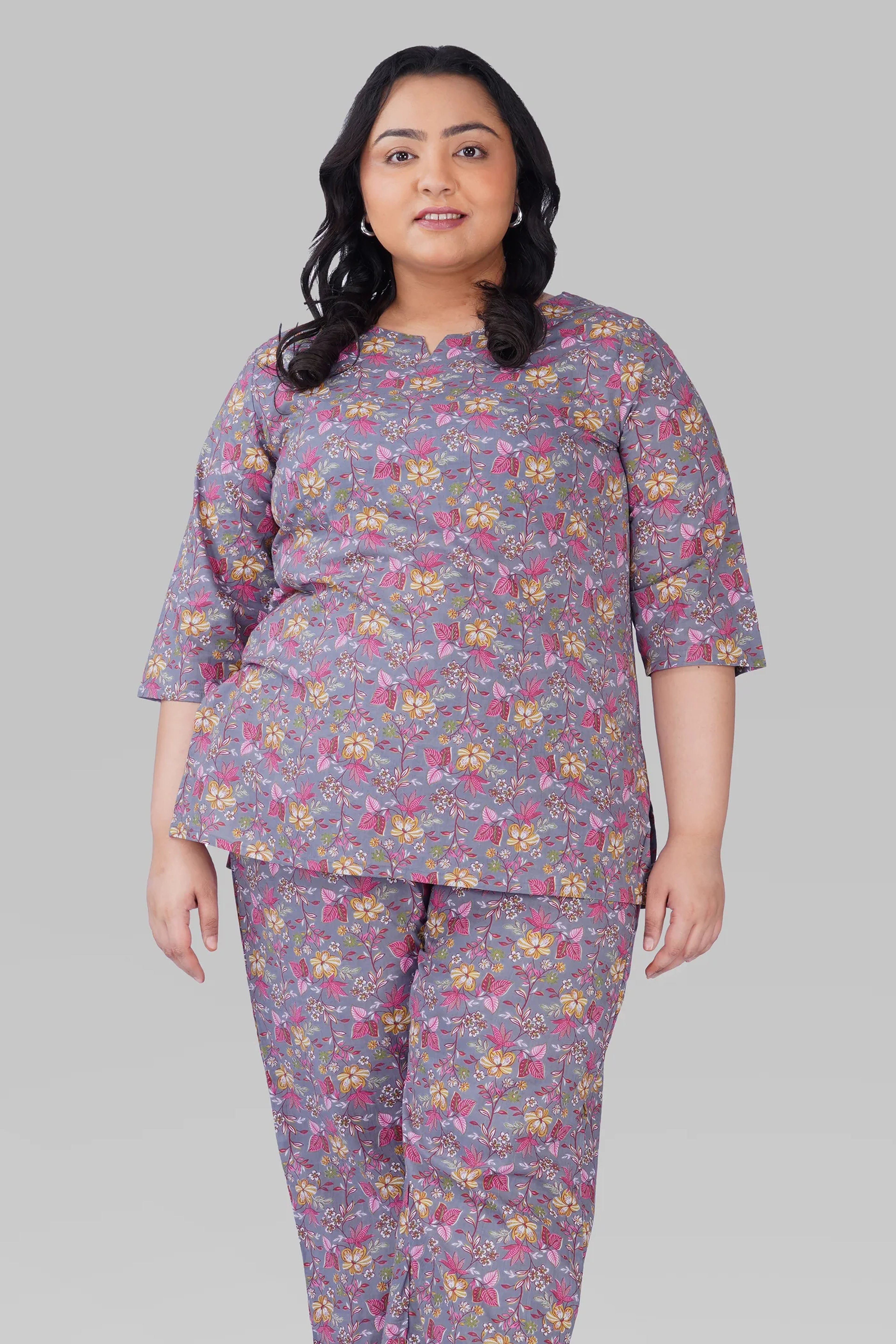 Grey Plus Size Cotton Printed Pyjama Set