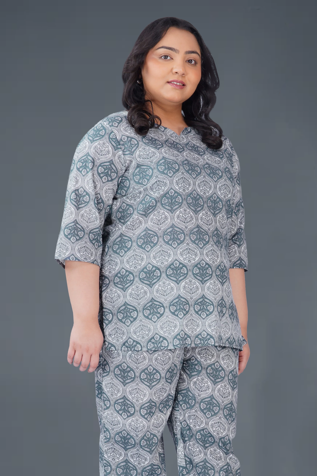 Grey Plus Size Cotton Printed Pyjama Set