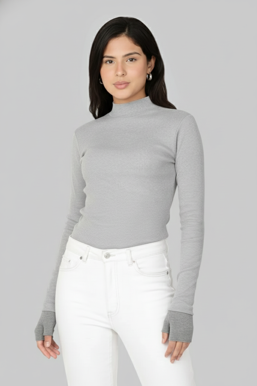 Grey Ribbed Mock Neck Long Sleeve Top