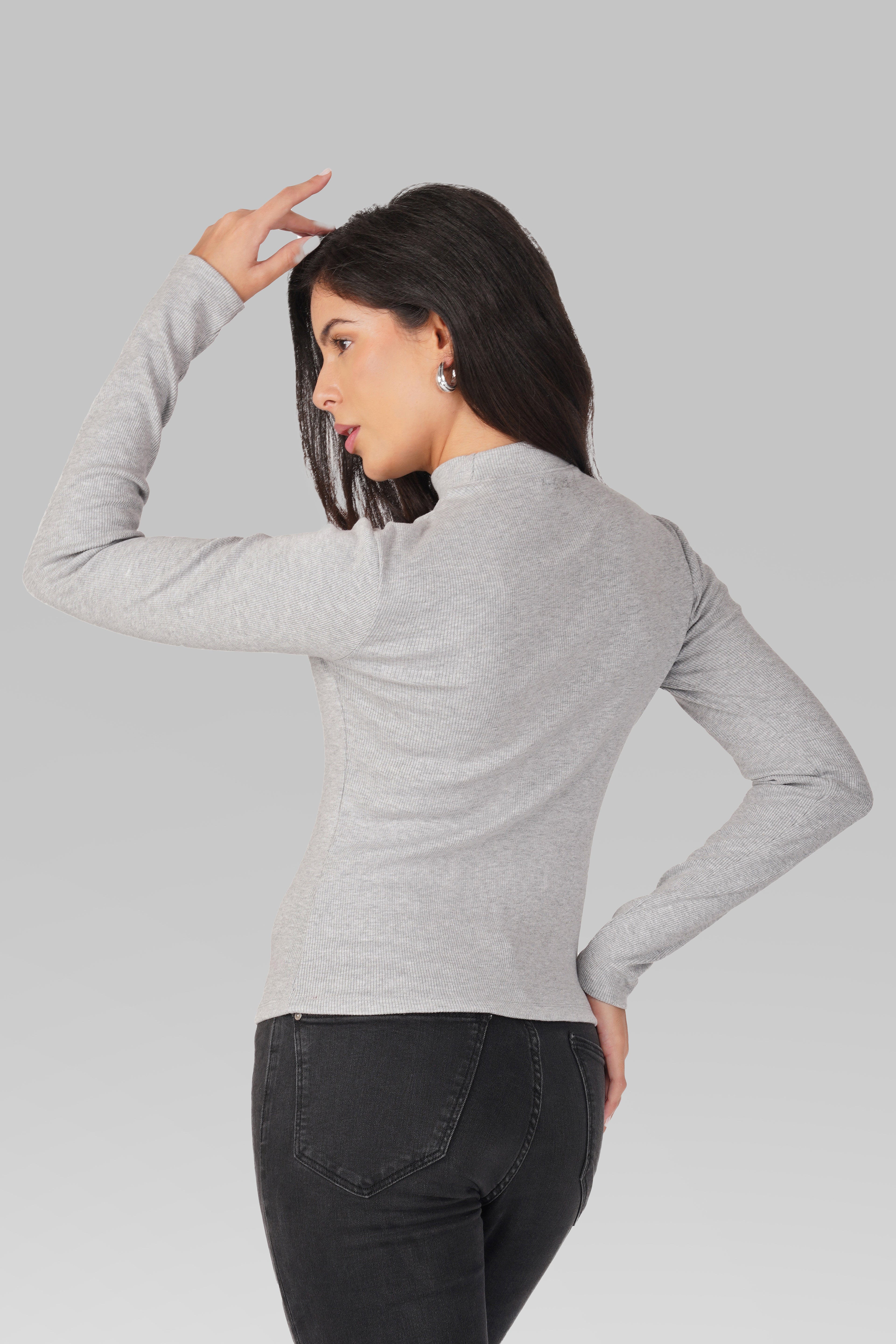 Grey Ribbed Mock Neck Long Sleeve Top