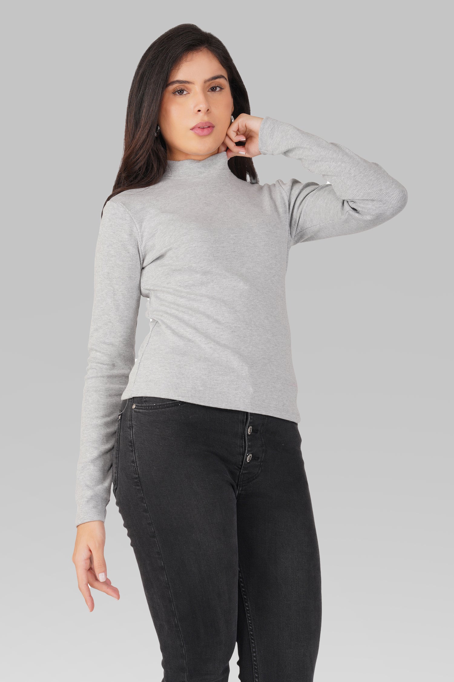 Grey Ribbed Mock Neck Long Sleeve Top