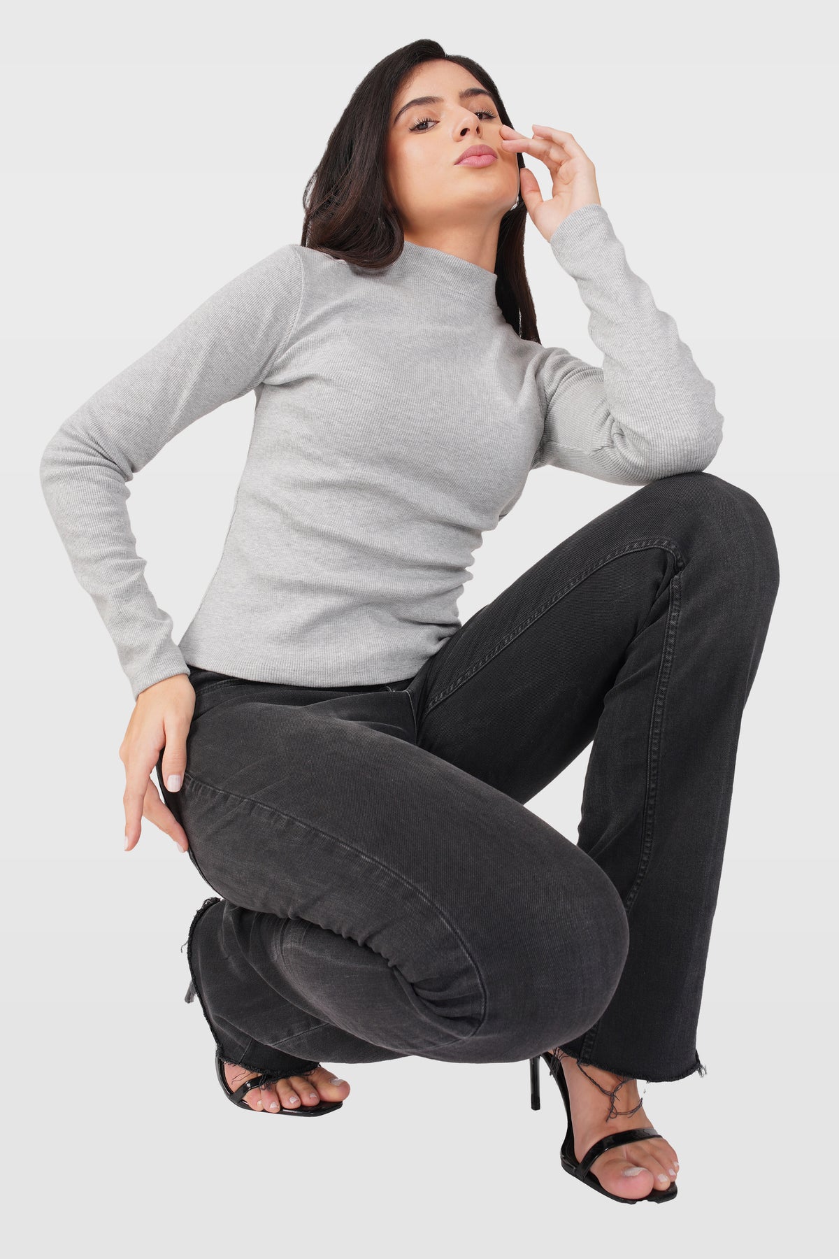 Grey Ribbed Mock Neck Long Sleeve Top