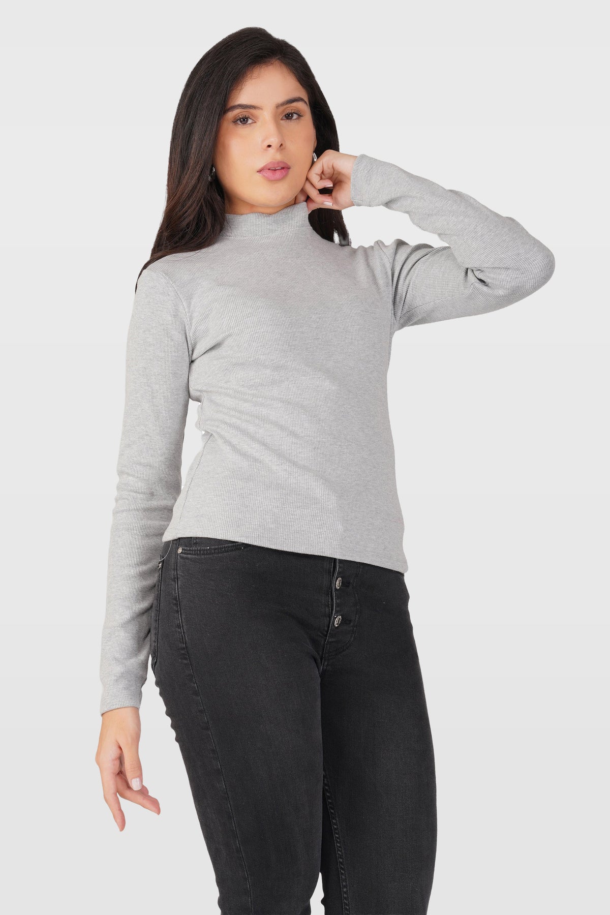 Grey Ribbed Mock Neck Long Sleeve Top