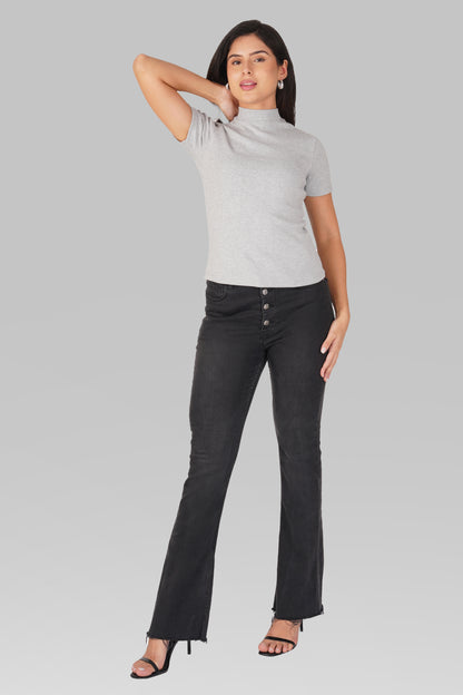 Grey Ribbed Mock Neck Short Sleeve Top