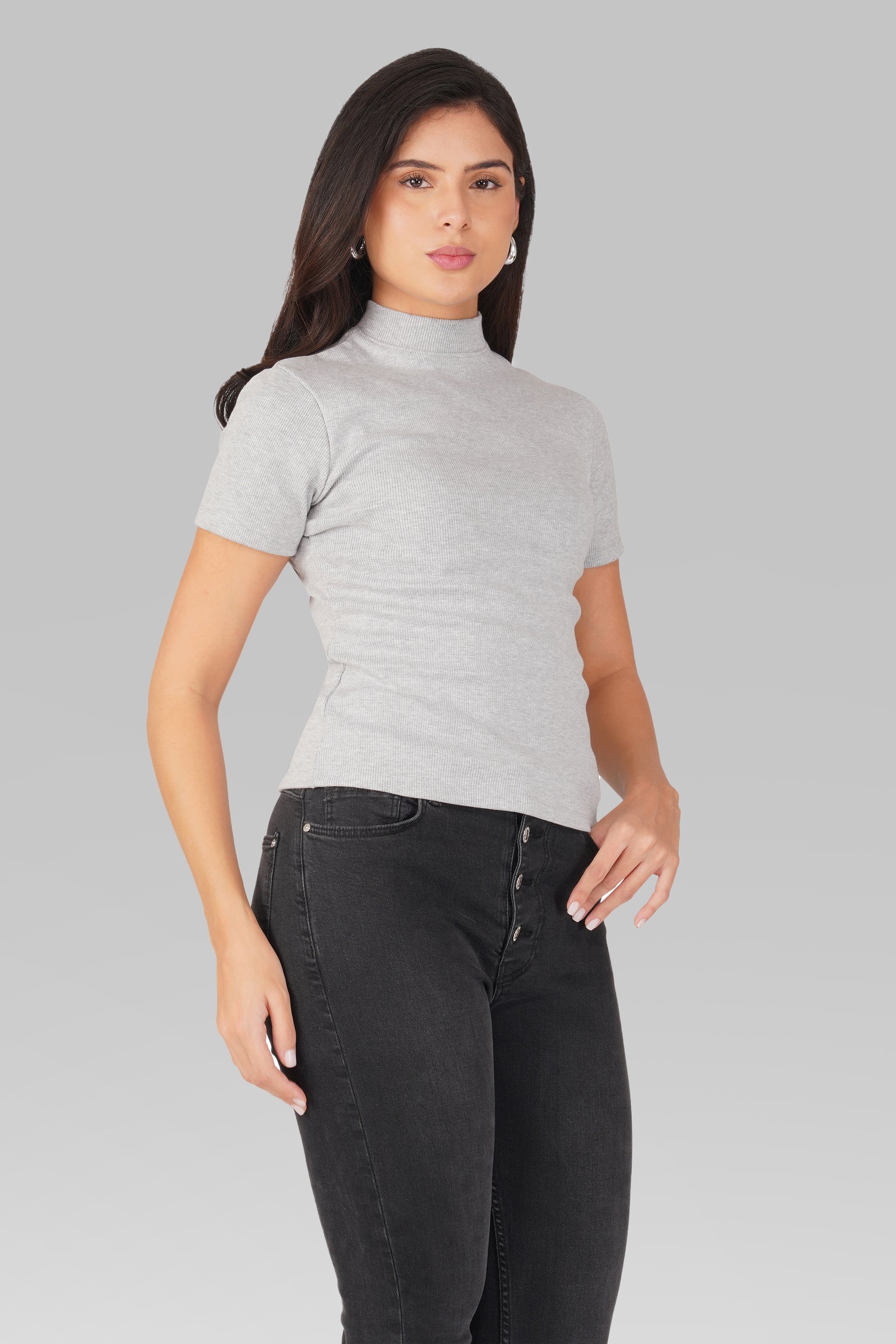 Grey Ribbed Mock Neck Short Sleeve Top