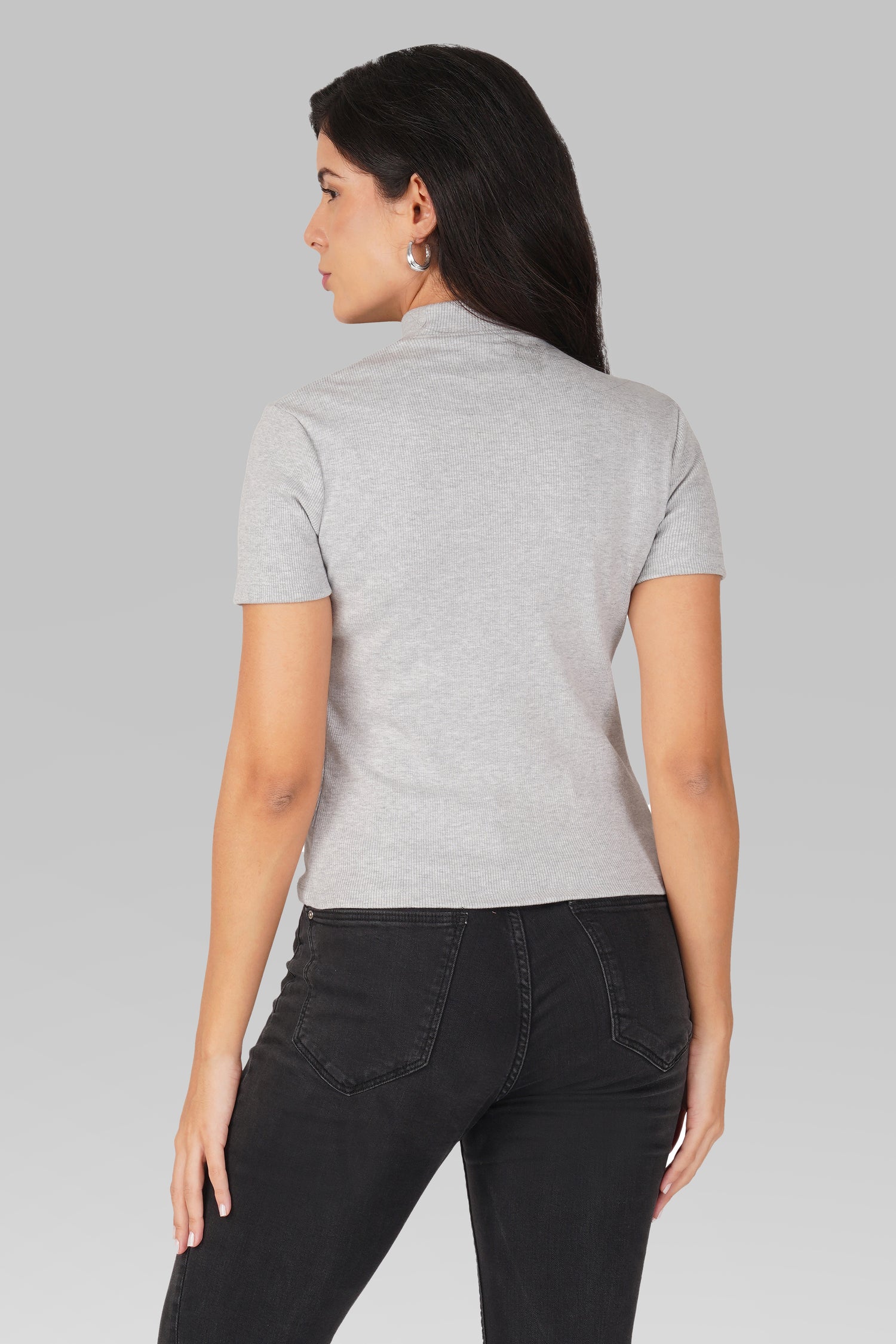 Grey Ribbed Mock Neck Short Sleeve Top