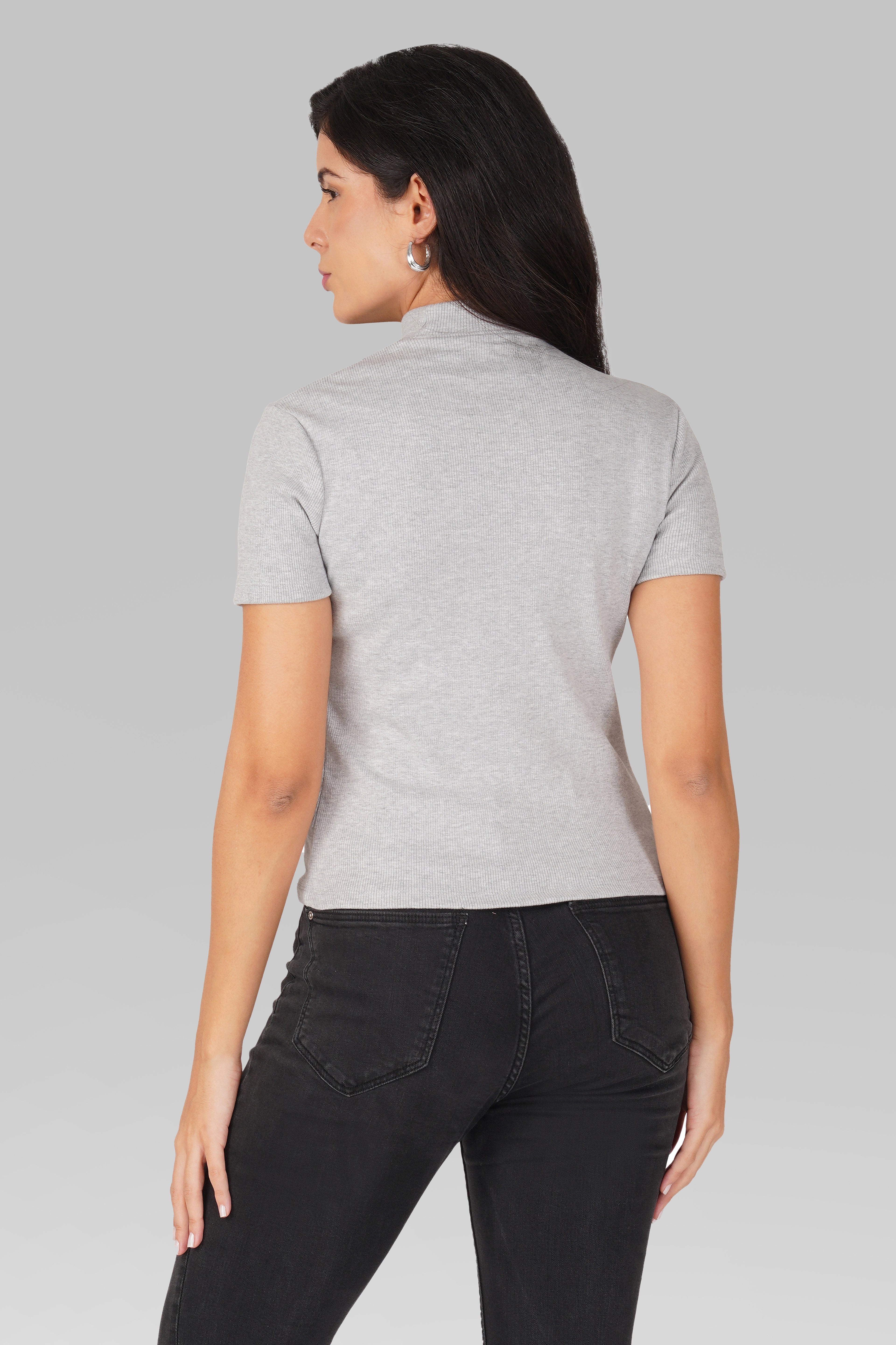 Grey Ribbed Mock Neck Short Sleeve Top