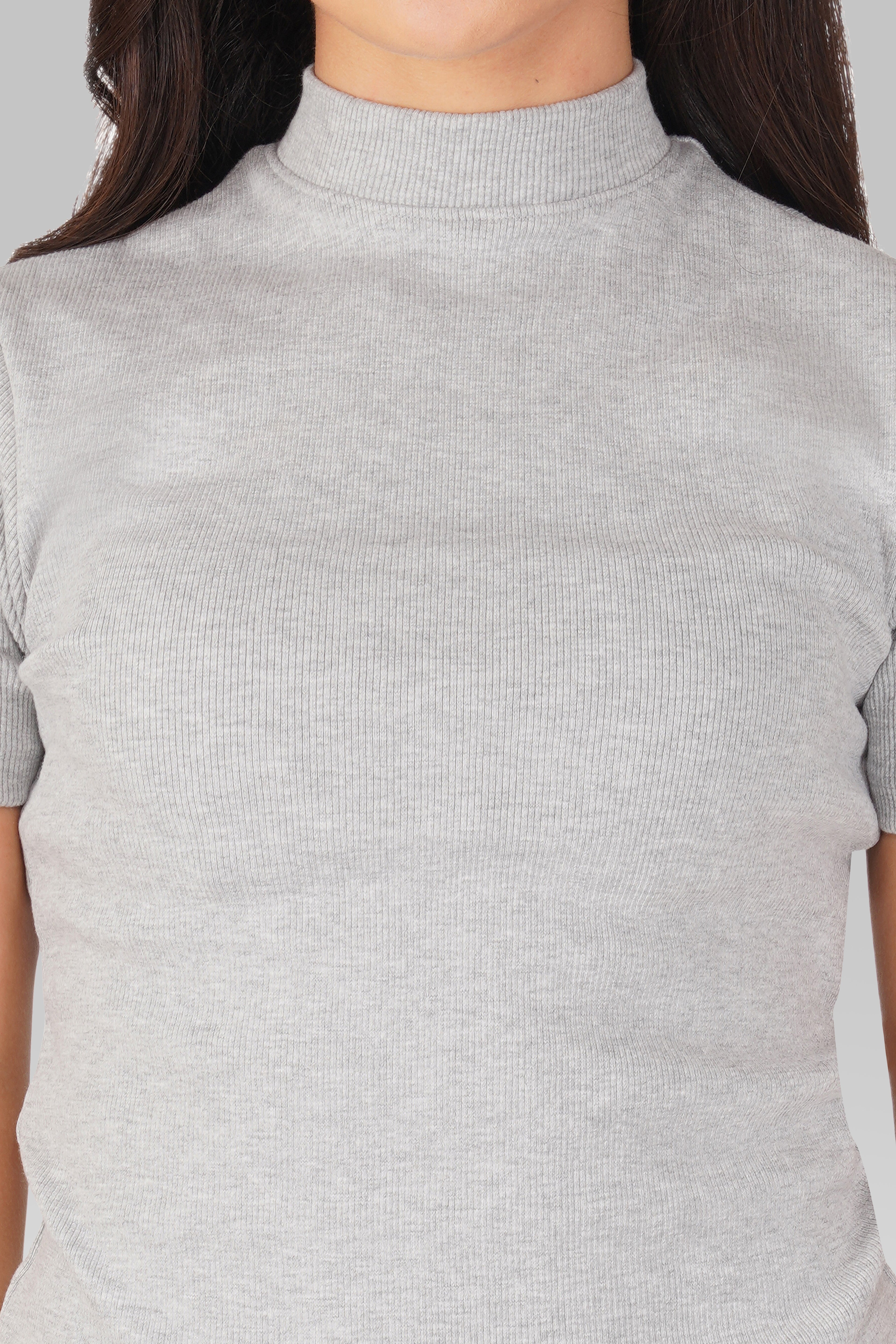 Grey Ribbed Mock Neck Short Sleeve Top