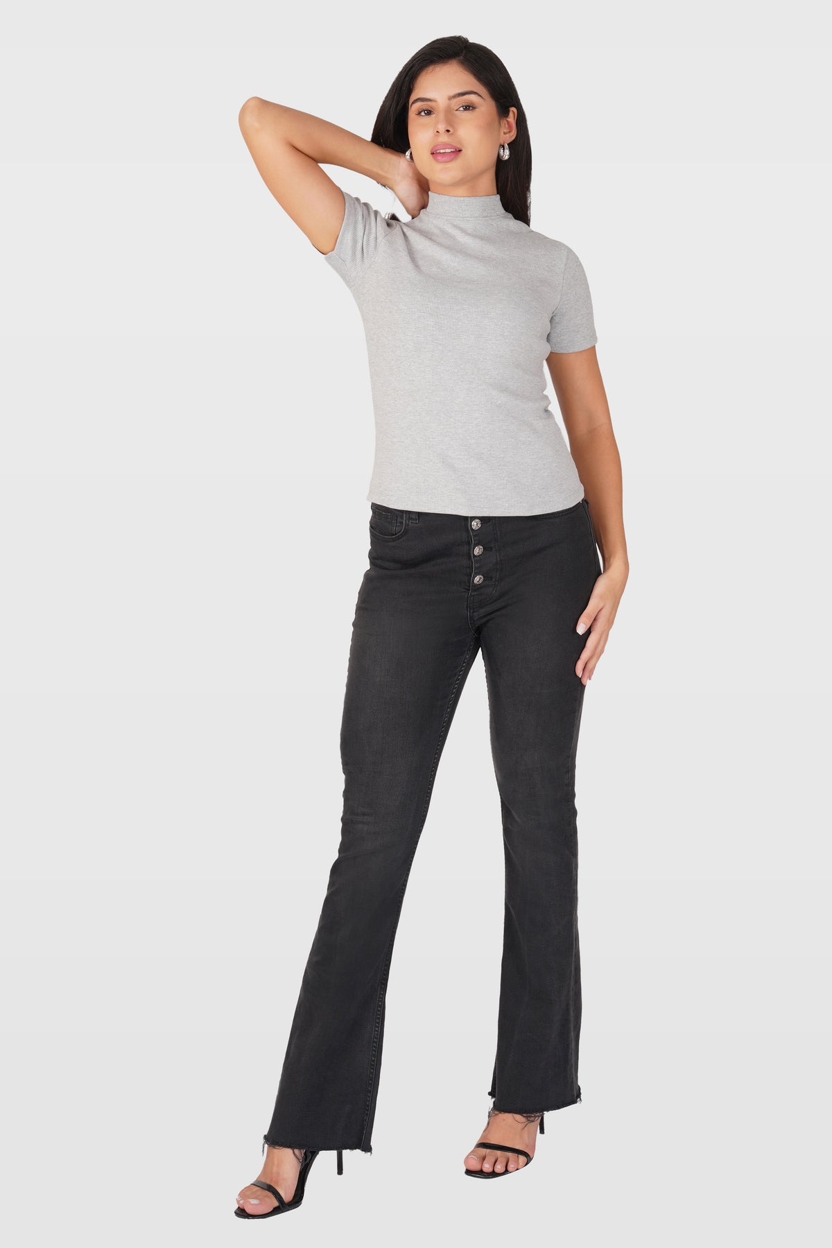 Grey Ribbed Mock Neck Short Sleeve Top