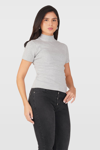 Grey Ribbed Mock Neck Short Sleeve Top