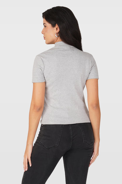 Grey Ribbed Mock Neck Short Sleeve Top