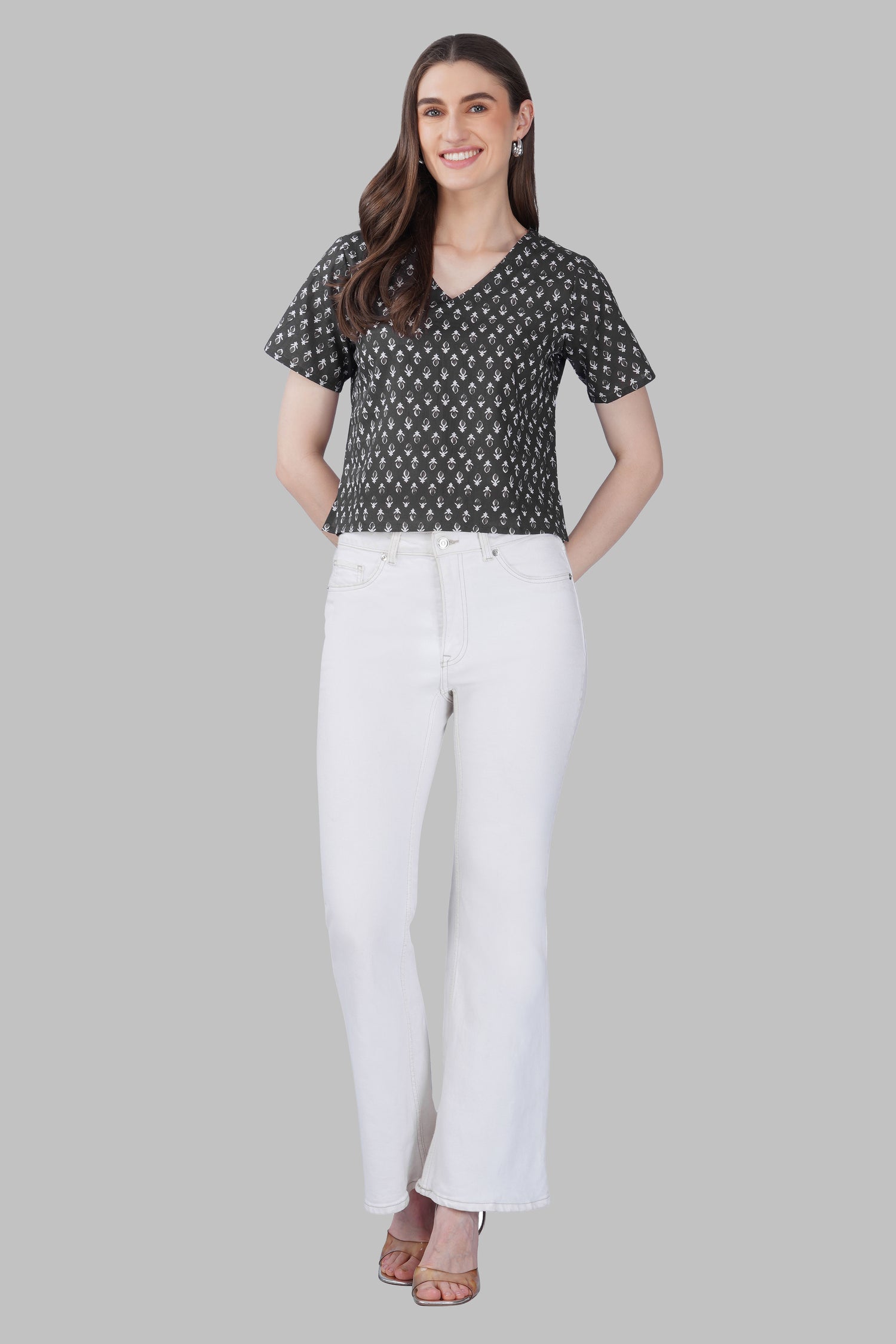 Grey V Neck Cotton Printed Top