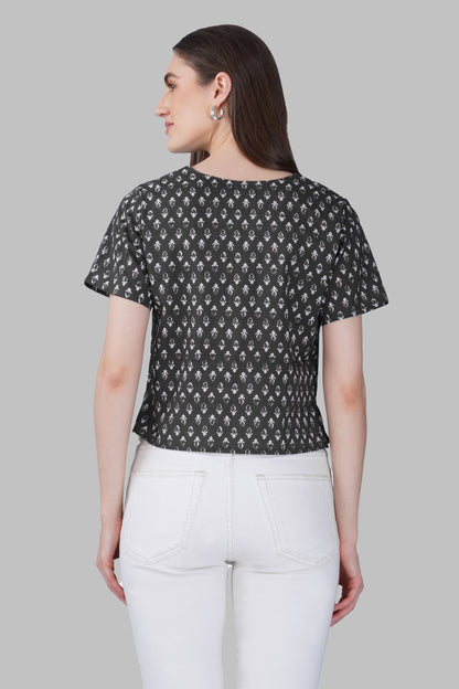 Grey V Neck Cotton Printed Top