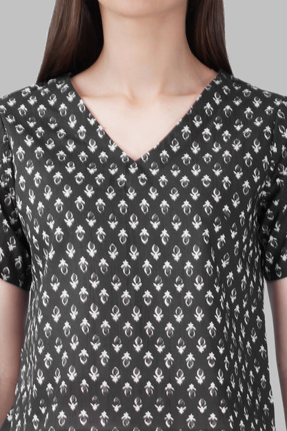 Grey V Neck Cotton Printed Top