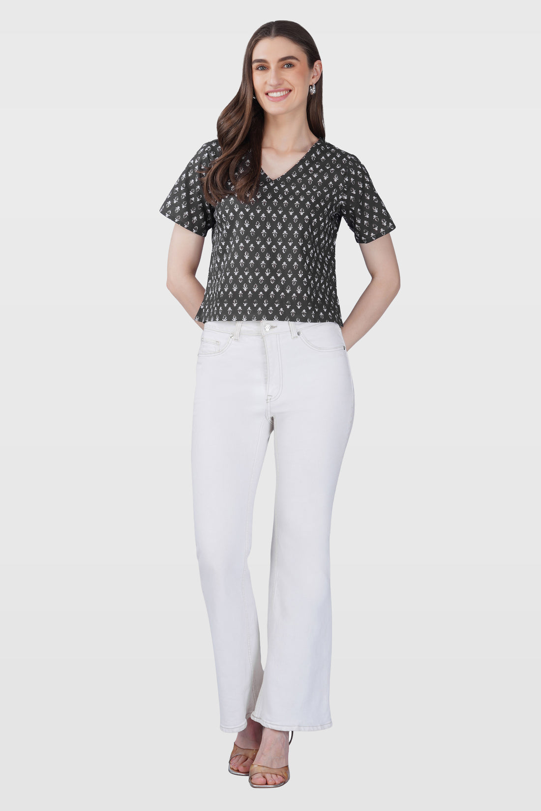 Grey V Neck Cotton Printed Top