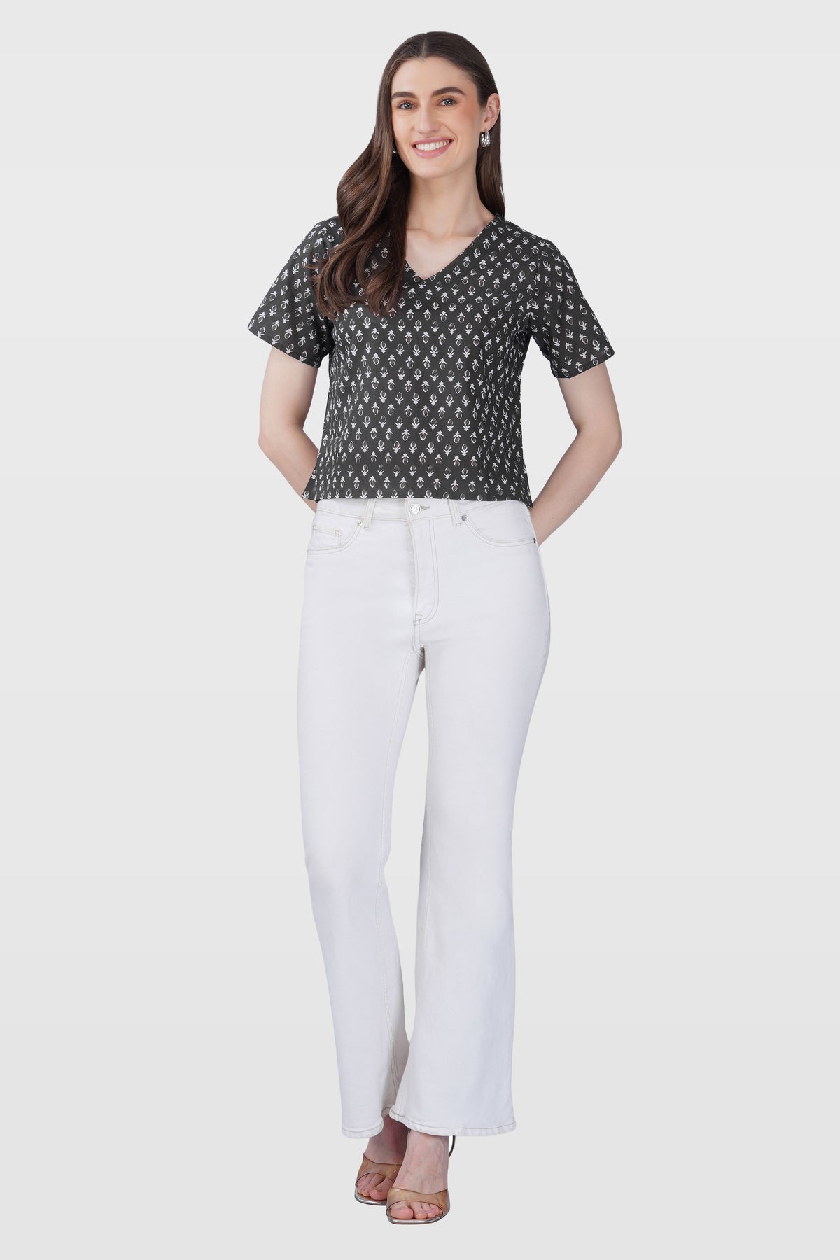 Grey V Neck Cotton Printed Top