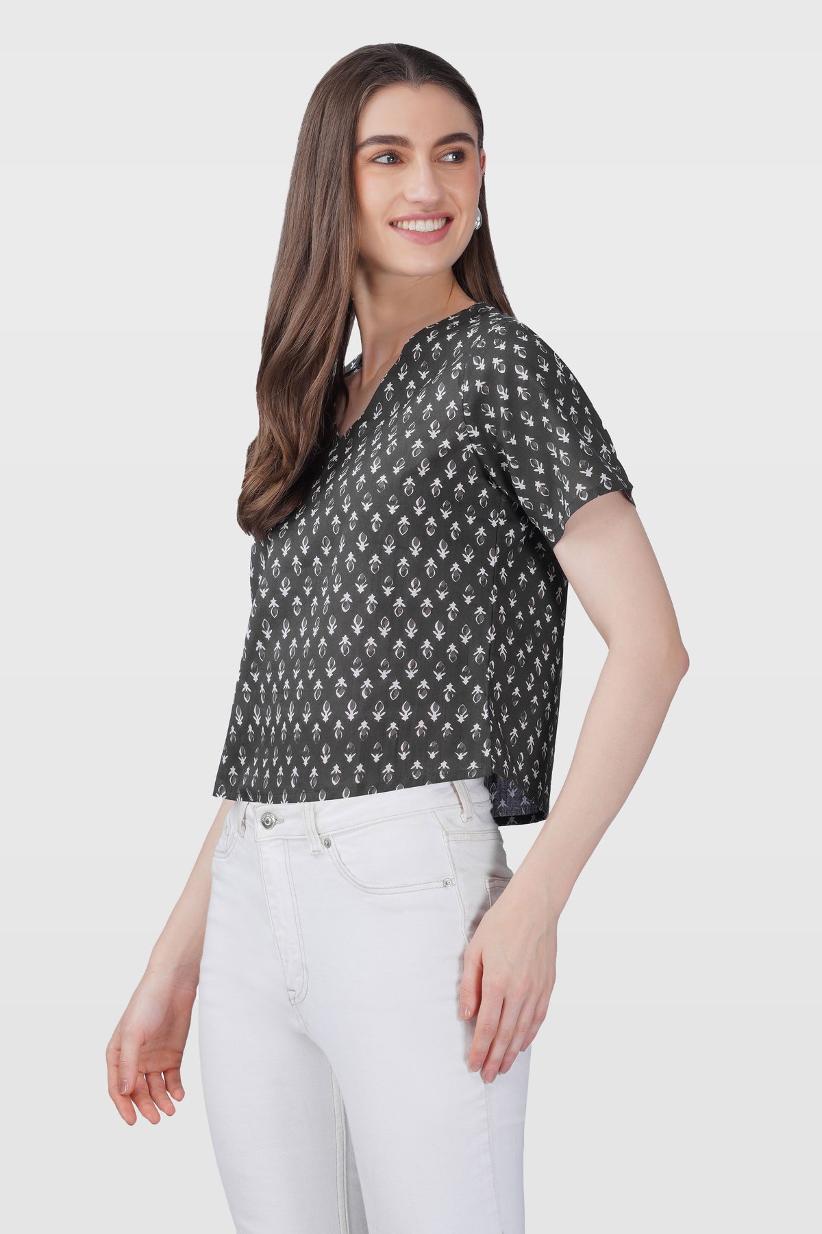 Grey V Neck Cotton Printed Top