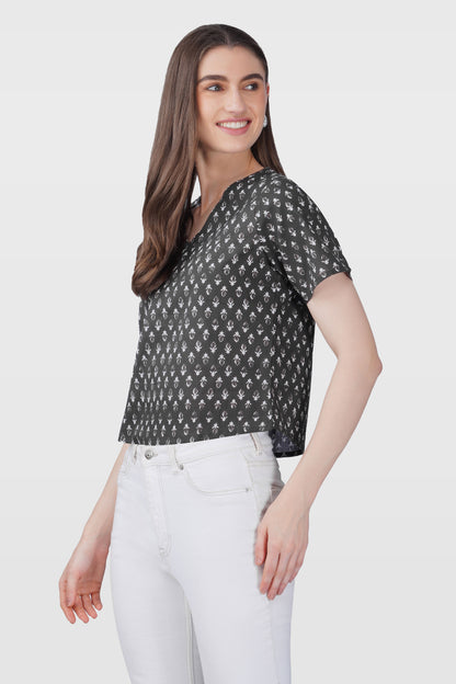 Grey V Neck Cotton Printed Top