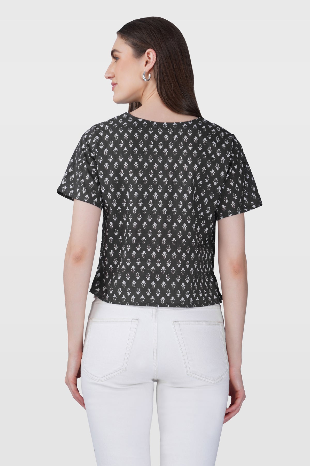Grey V Neck Cotton Printed Top