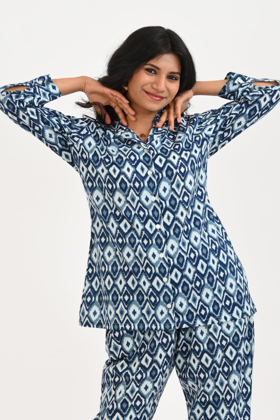 Blue Ikat Cotton Printed Pyjama Set Cuban Collar
