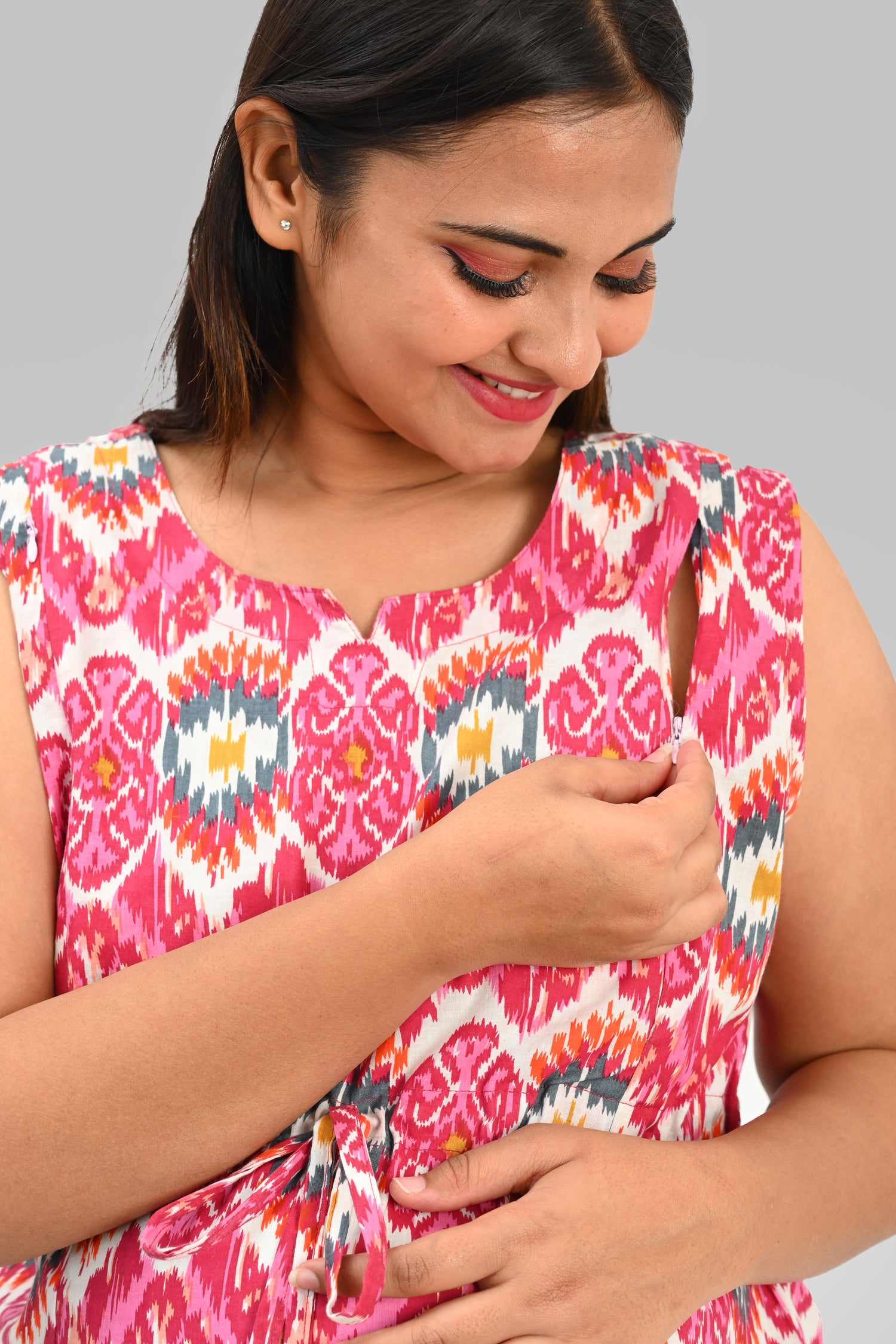 Ikat Maternity and Feeding Kurta Set in Pink