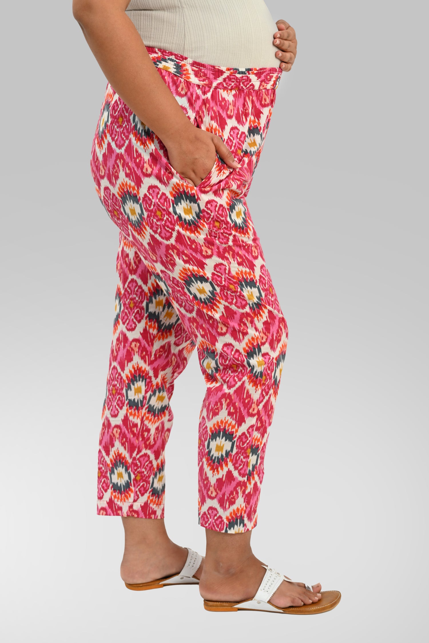 Ikat Maternity and Feeding Kurta Set in Pink