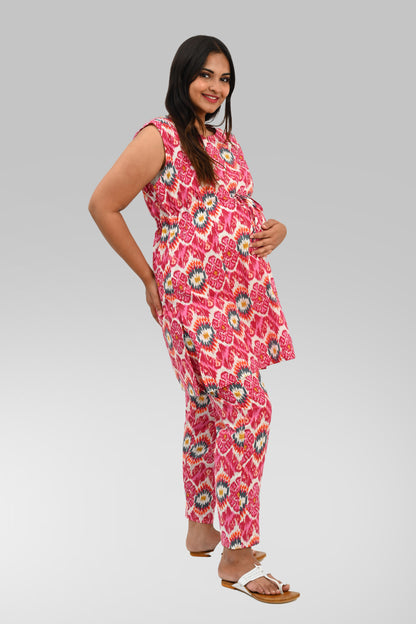 Ikat Maternity and Feeding Kurta Set in Pink