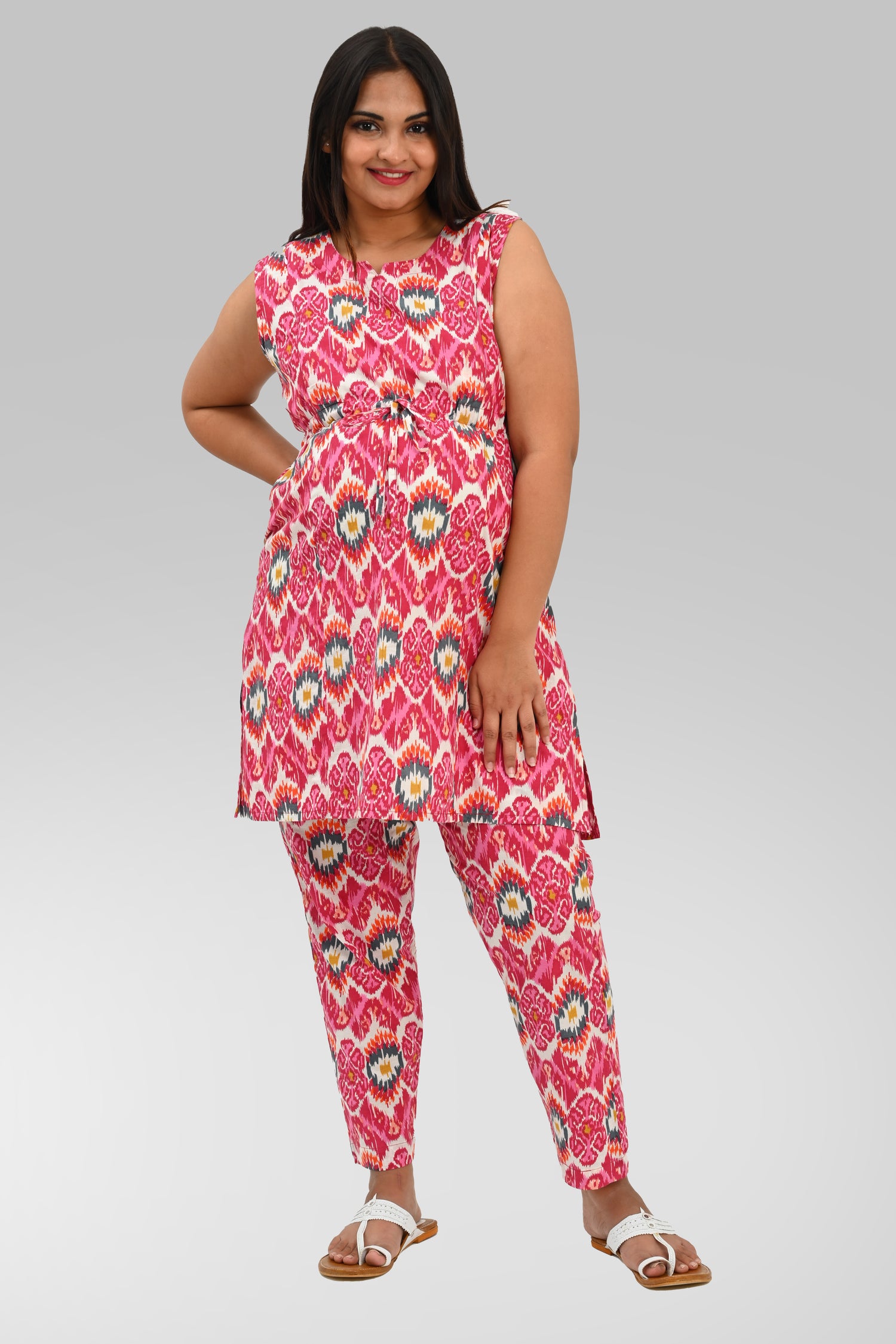 Ikat Maternity and Feeding Kurta Set in Pink