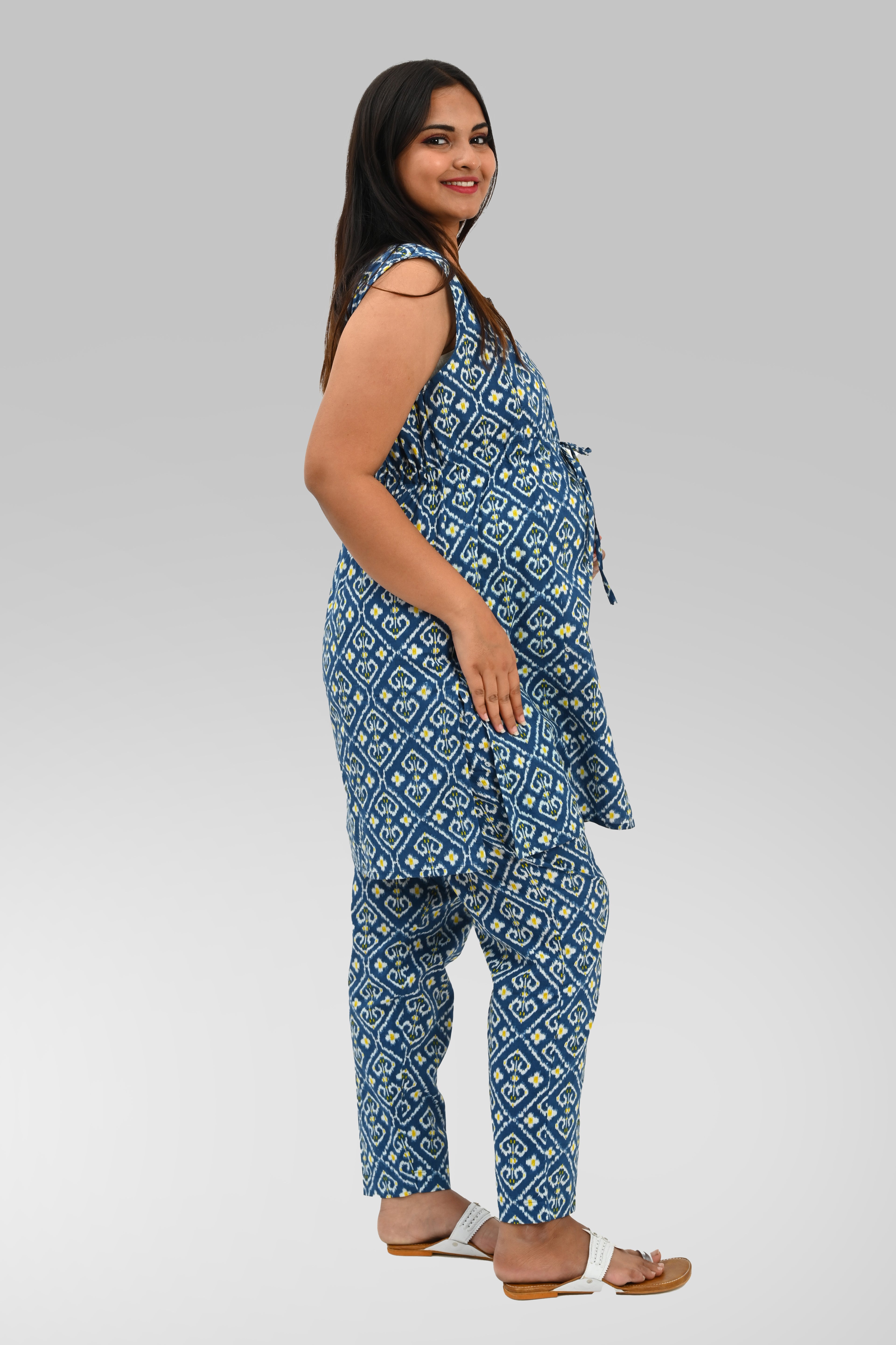 Ikat Maternity and Feeding Kurta Set in Blue