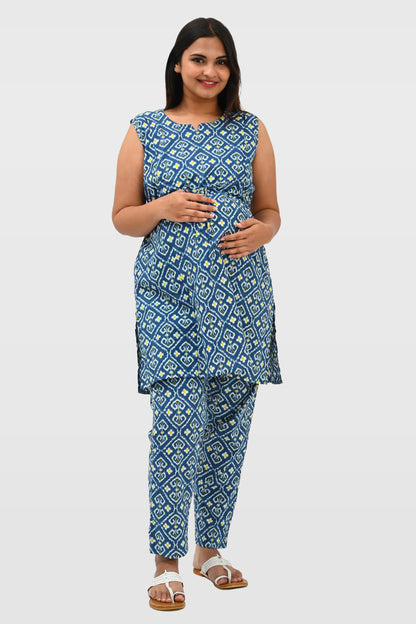 Ikat Maternity and Feeding Kurta Set in Blue