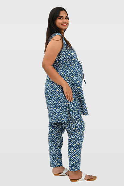 Ikat Maternity and Feeding Kurta Set in Blue