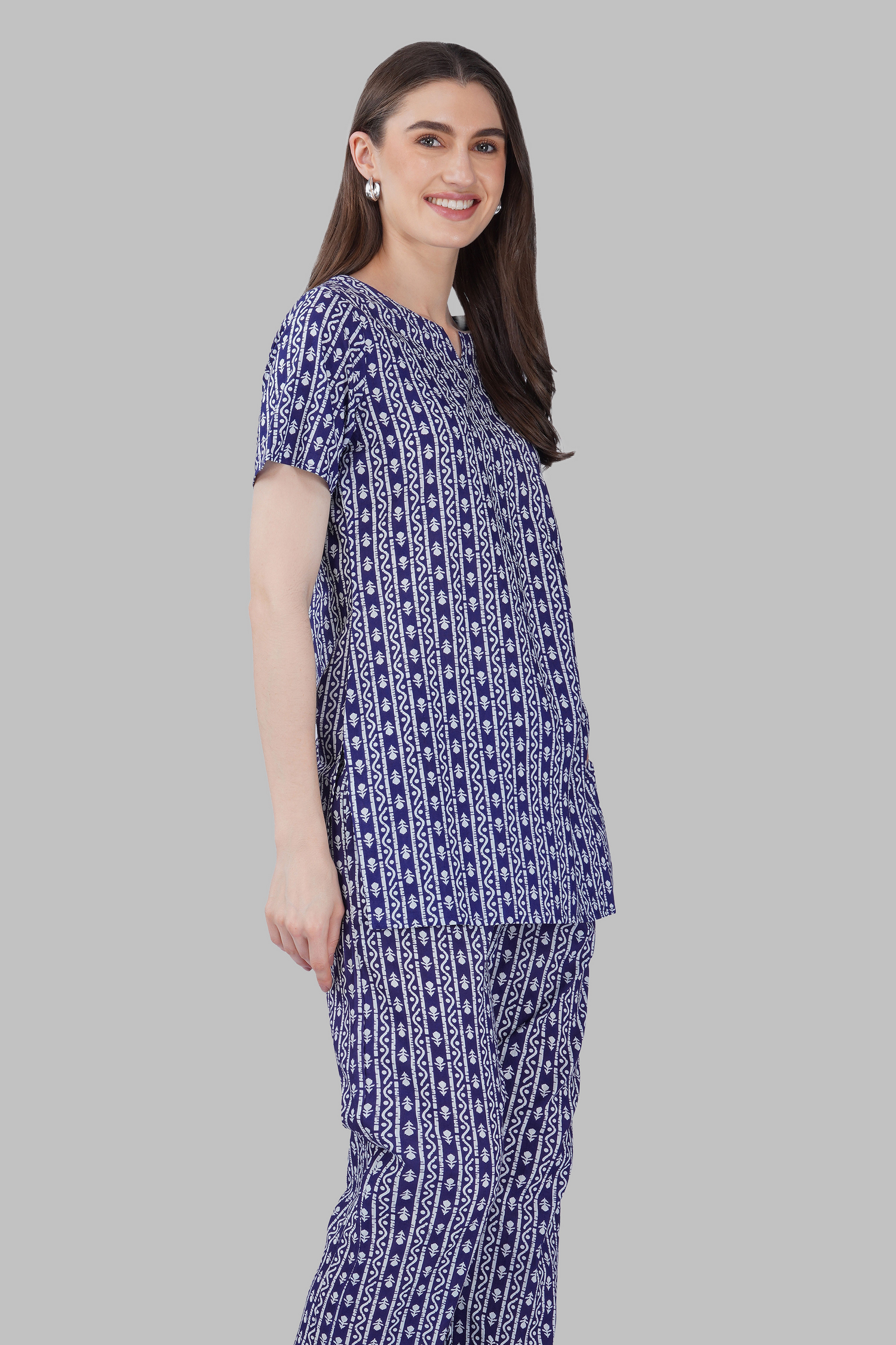 Ink Blue Cotton Printed Pyjama Set