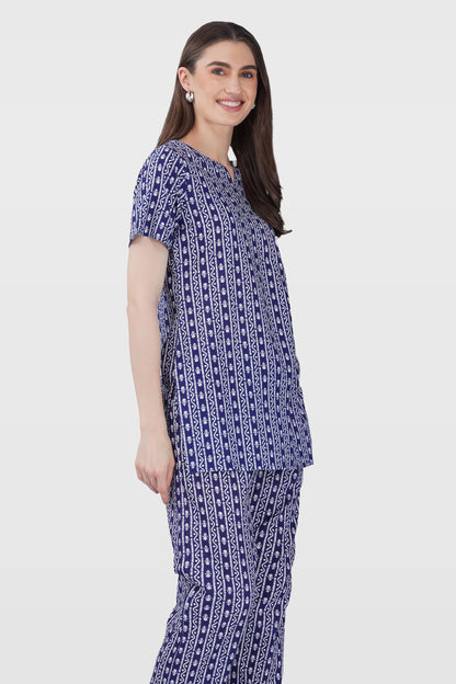 Ink Blue Cotton Printed Pyjama Set