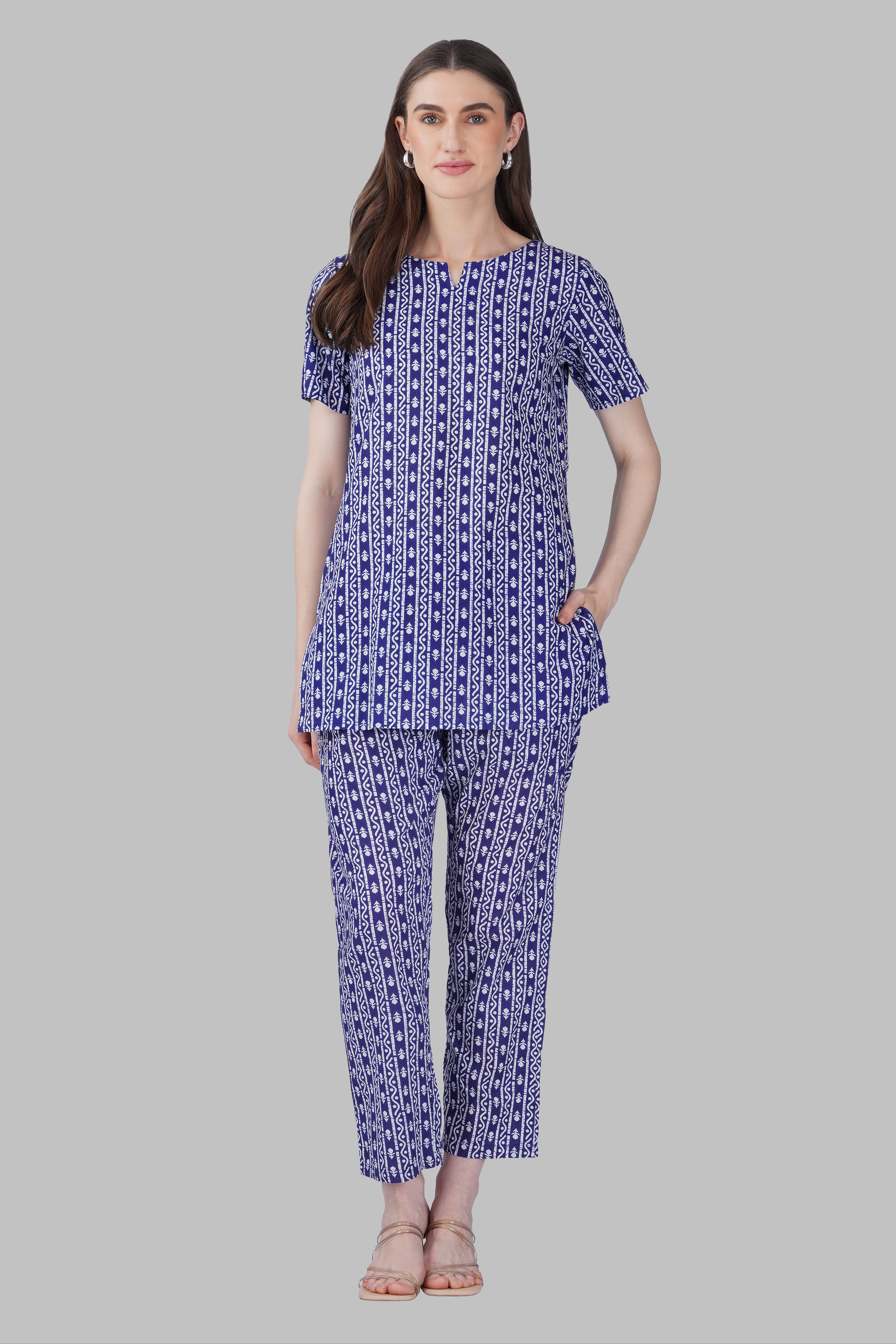 Ink Blue Cotton Printed Pyjama Set