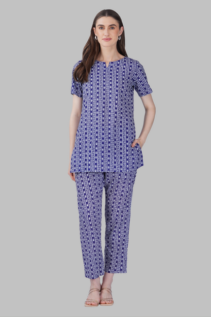 Ink Blue Cotton Printed Pyjama Set