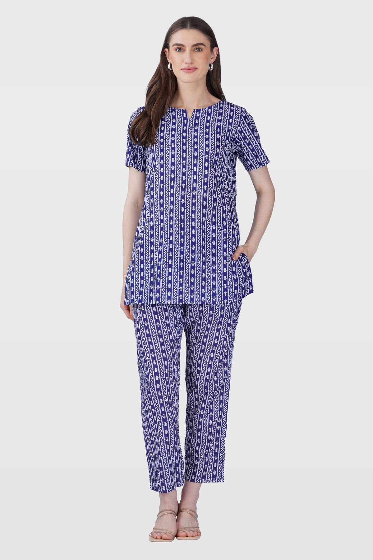 Ink Blue Cotton Printed Pyjama Set