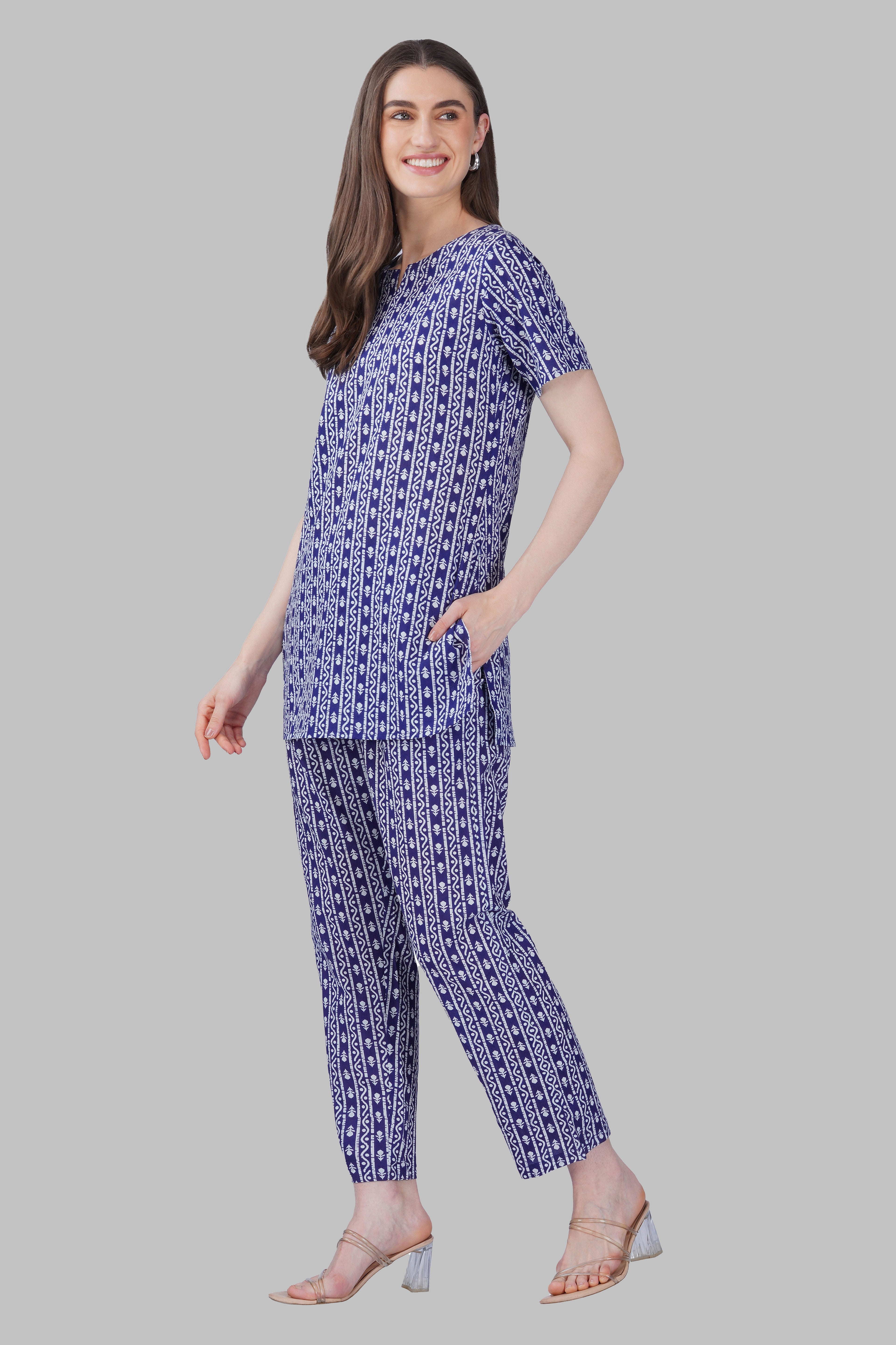 Ink Blue Cotton Printed Pyjama Set