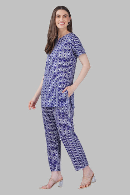 Ink Blue Cotton Printed Pyjama Set