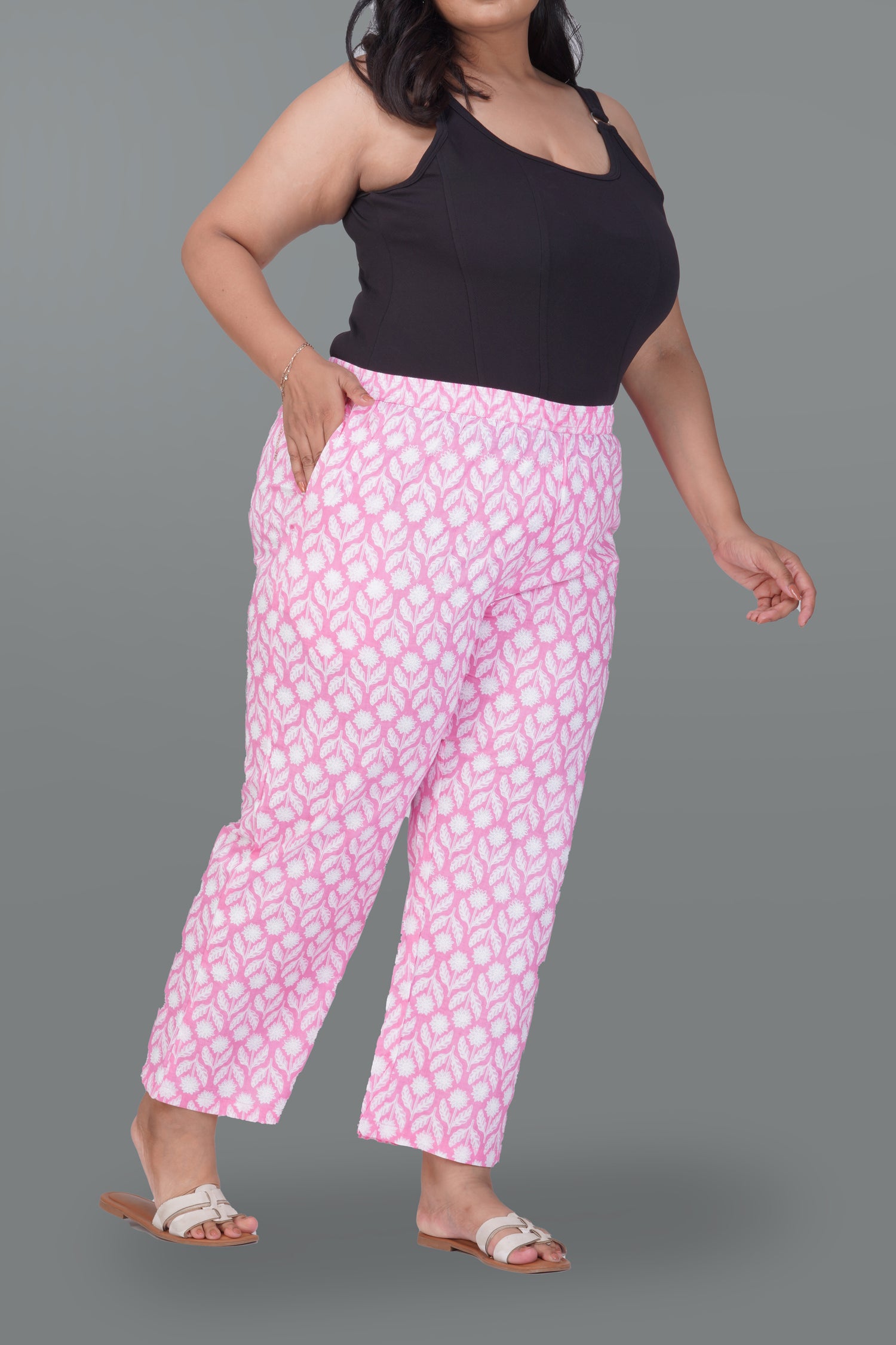 Light Pink Plus Size Cotton Printed Bottom