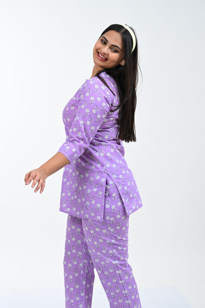 Light Pastel Purple Cotton Printed Pyjama Set